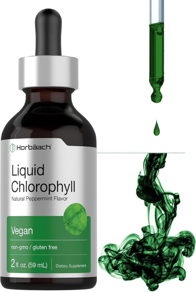 Horbäach Liquid Chlorophyll Drops | 2 oz | Vegan, Non-GMO, and Gluten Free Formula | Natural Peppermint Flavor