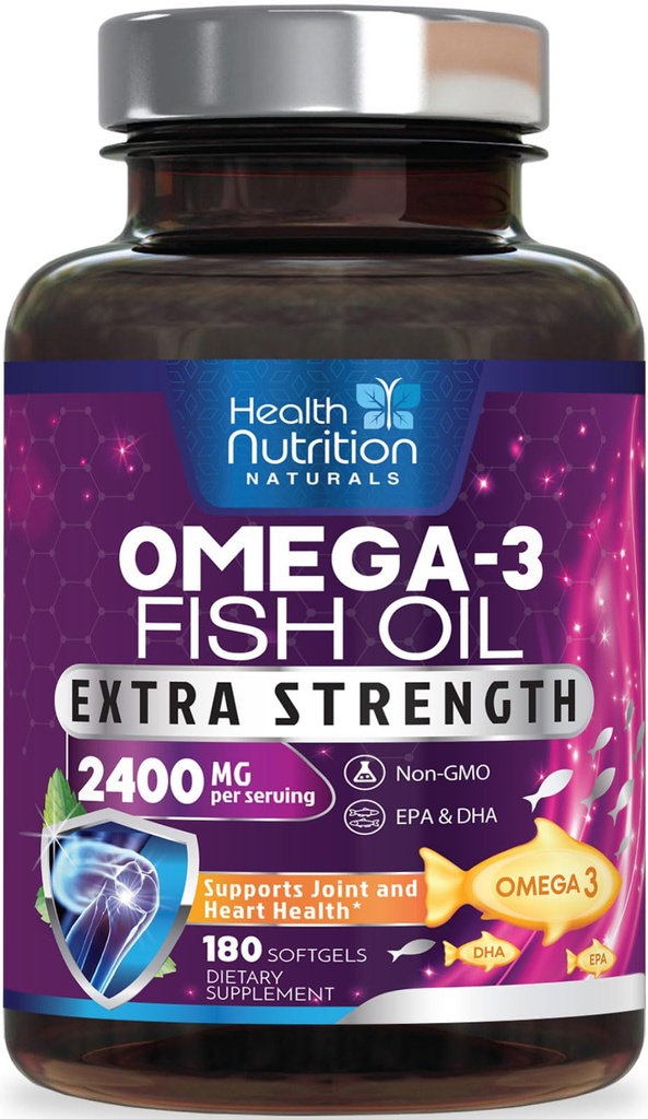 Omega 3 Huile de poisson 2400 mg - Supplément d'acides gras triples Omega3, EPA et DHA - Soutien naturel pour la santé immunitaire, cardiaque et cérébrale - Sauvage pris, non-OGM, citron, sans Burpless - 180 Softgels