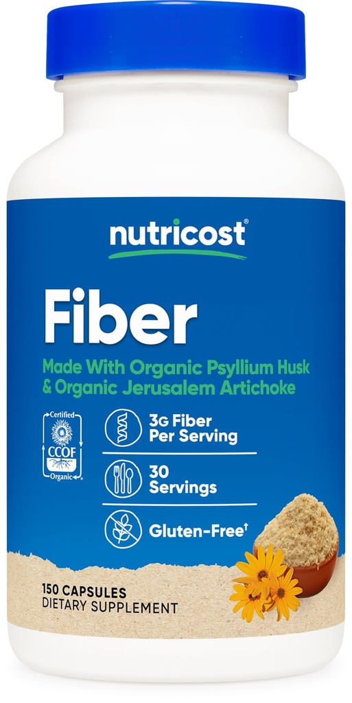 Capsules de fibre Nutricost avec supplément de fibre prébiotique 150 Capsules - Supplément certifié CCOF, fabriqué avec du psyllium organique Husk & Organic Jerusalem Artichaut, sans gluten, 3 G par portion