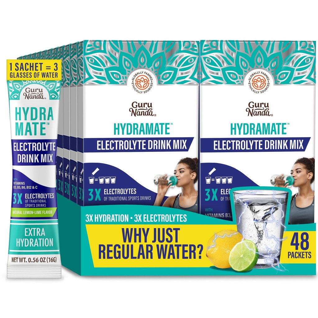 GuruNanda Hydramate Mélange de boissons de soutien à l'hydratation - Paquets de poudre d'électrolyte pour déshydratation, exercice et énergie - No Added Sweeteners, non-OGM, Lime Lime naturel - 48 Comte (0.56 oz Chacun)