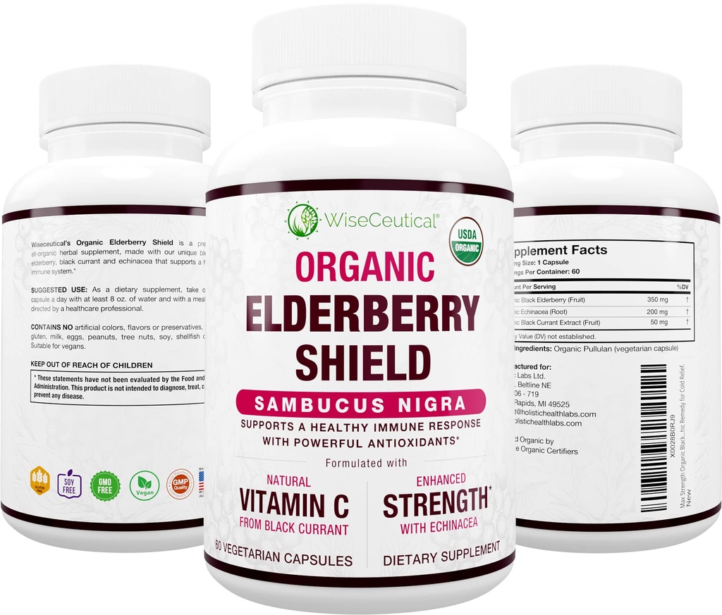 Max Strength USDA Bio Black Elderberry, extrait de cassis noir et d'échinacée 3 en 1 soutien immunitaire naturel et vitamine C , sans sucre, végétalien-friendly , remède homéopathique , 60 comte