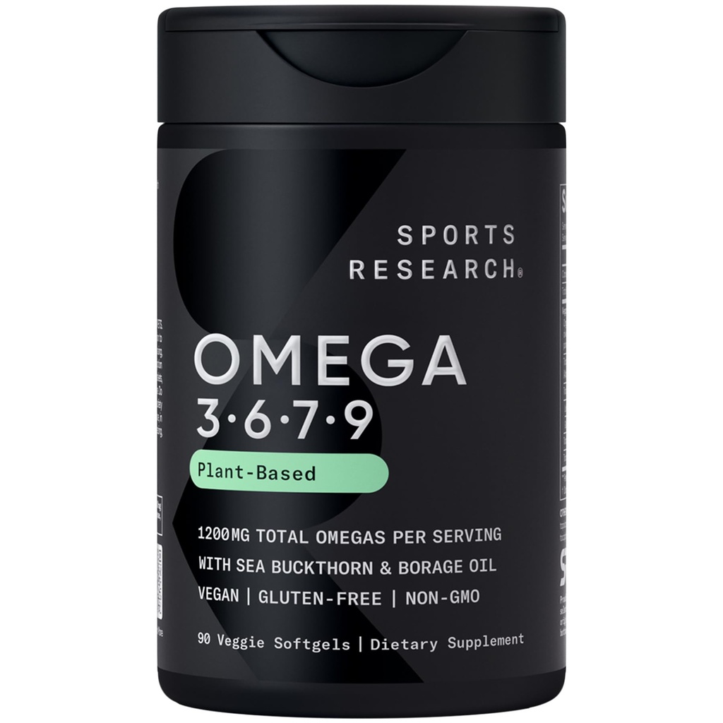 Sport Research® Vegan Omega 3-6-7-9 - 1200 mg Multi-Spectrum Omega Fatty Acids Certified Non-GMO Formel mit Sea Buckthorn & Borage Oil - 90 Veggie Softgels