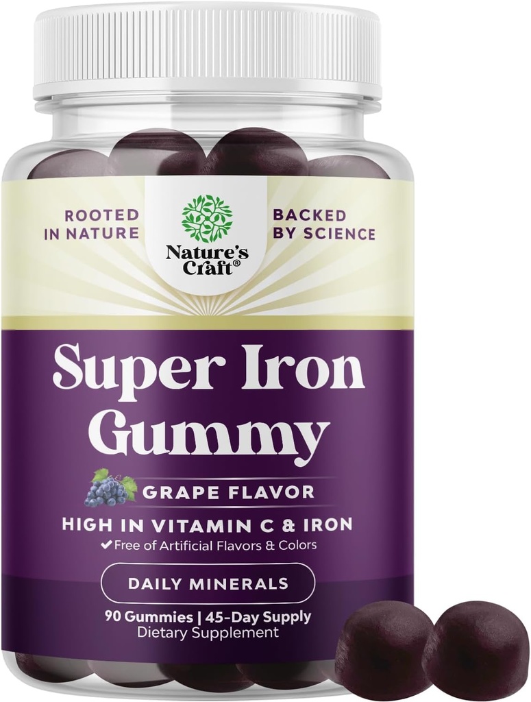 Extra Stärke Eisengummis für Frauen und Männer - Potent 45mg pro Servierbare Beilage für Frauen und Männer mit Vitamin C für höhere Absorption - Vegan Daily Iron Gummy Keine künstlichen Aromen