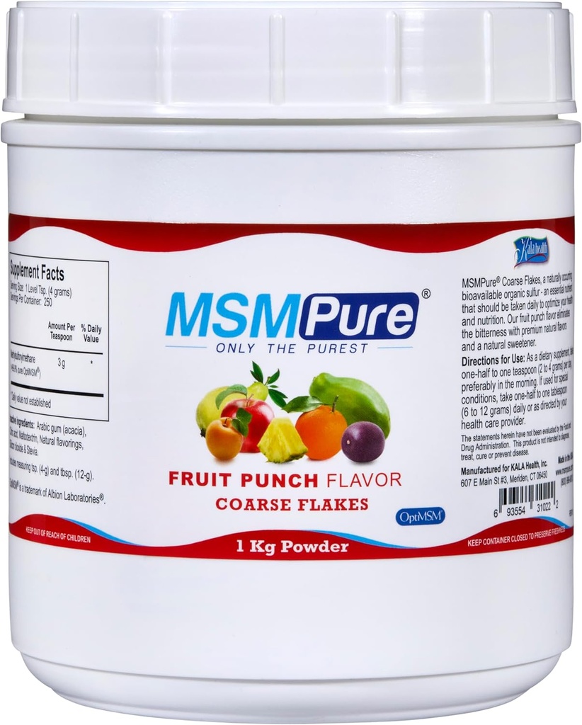 KALA HEALTH MSMPure Fruit Punch Flavored Coarse MSM Powder Flakes – US-Made MSM für Joint Health, Haut Aussehen und Haar & Nagel Unterstützung – 2.2 lb, Bio Schwefel