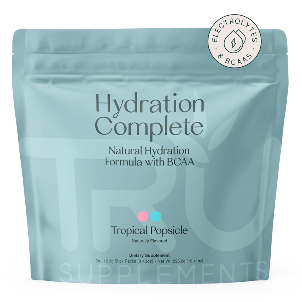 TRU ergänzt Hydration Komplette BCAA, Pflanzenbasierte Aminosäuren + Rosa Himalaya Salz, Elektrolyte & L-Carnitin, Vegan, Zero Calories, Keine künstlichen Süßungsmittel, 24 Portionen, Tropical Popsicle