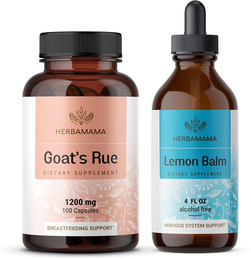 HERBAMAMA Trousse de baume de chèvre et de citron - Ensemble de 1200 mg Capsules de rue de chèvre et gouttes liquides de baume de citron 4 fl oz - végétalien, non-OGM, sans sucre et sans alcool - 2 packs