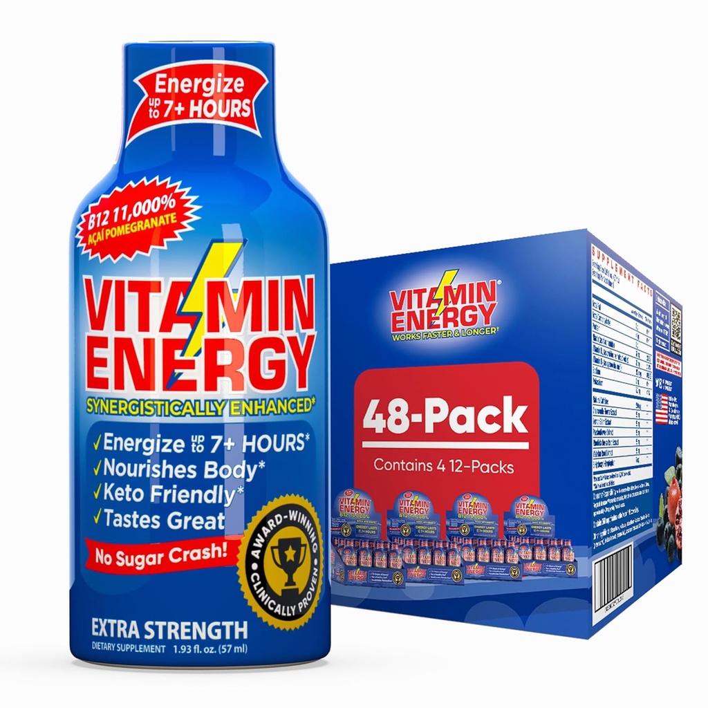 Vitamin Energy B12 11.000% Extra Strength Energy Shot Açaí Pomegranate 48 Pack, 260mg Natural Caffeine, B12 & B6, Nootropic Focus, Vitalität, Zero Sugar, Gluten-Free, Vegan, Kosher, 1.93 fl oz
