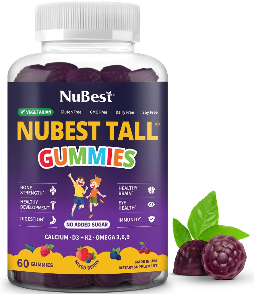 NuBest Tall Gummi für Kinder Alter 2+ & Teens | Knochenstärke, Immunität, Verdauungsgesundheit mit Calcium, Vitamin D3, K2, B Complex, Magnesium, Zink | 20+ Vitamine Beeren Gummi, kein Zucker hinzugefügt