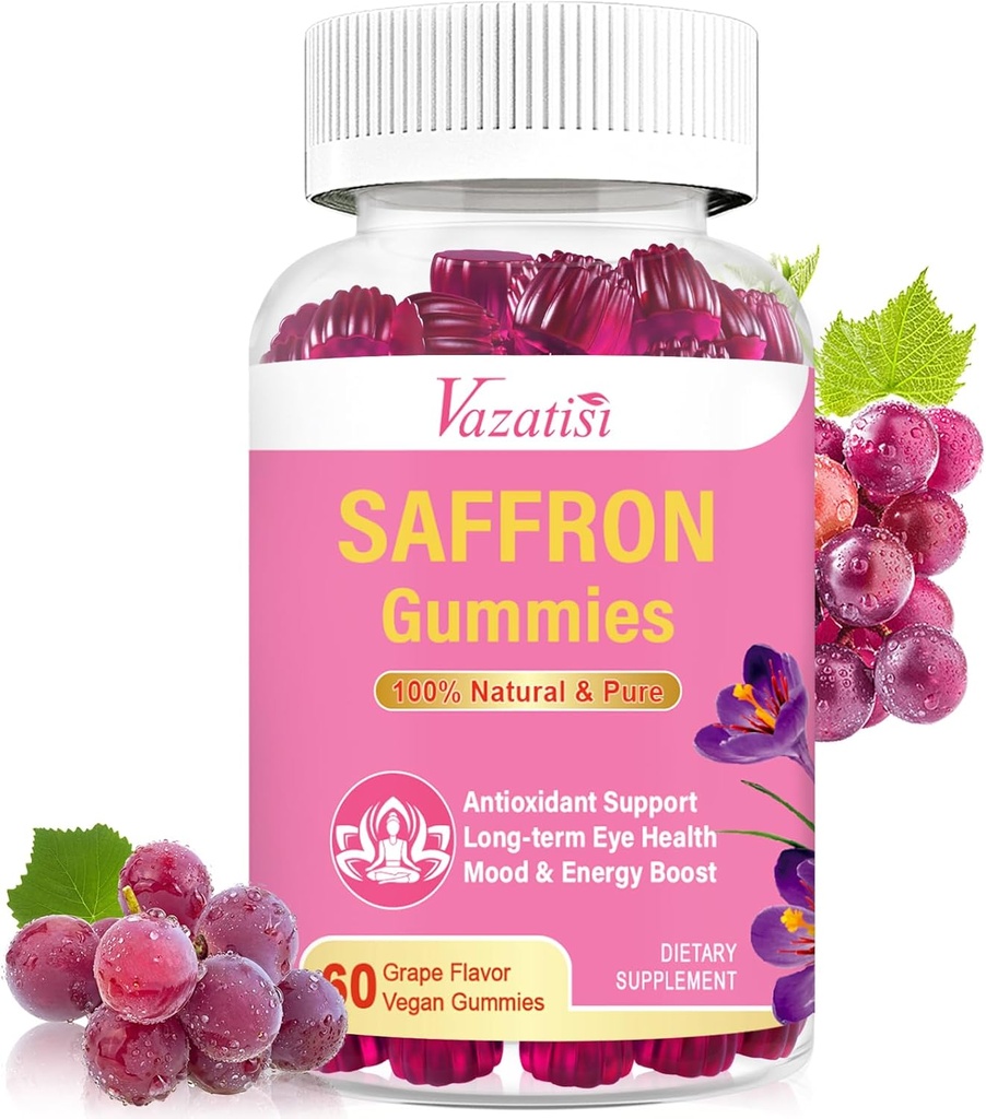 Natural Saffron Gummies - Sugar Free Saffron Supplement mit Saffron Extract 100 mg, Magnesium, GABA, Rhodiola - Mood | Focus | Vision | Energy Support - NonGMO Vegan - 60 Gummis, 30 Tage Versorgung