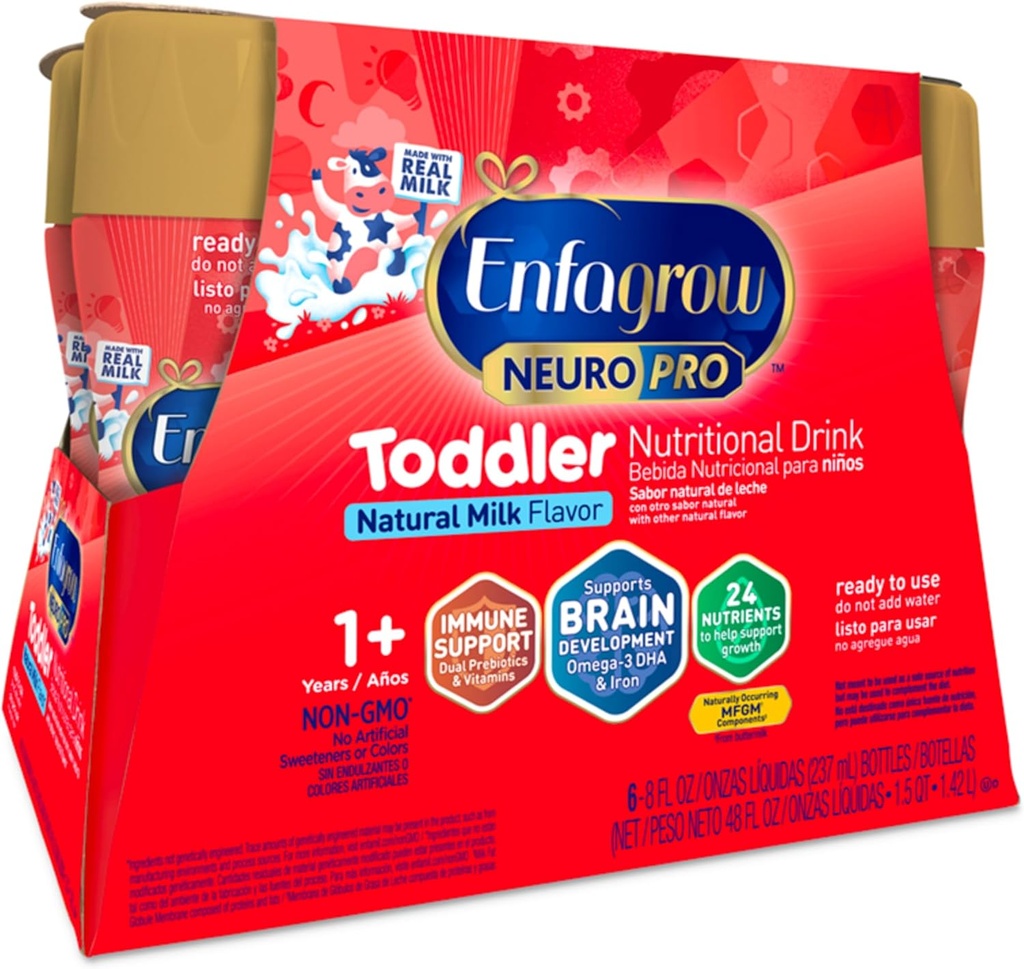Enfagrow NeuroPro Kleinkind Nutritional Drink, Made with Real Milk, Brain-Building Omega-3 DHA, Nährstoffe und Präbiotika für Wachstum und Immununterstützung, Non-GMO, Kleinkind Milchpulver, 8 Fl Oz, 6 Count