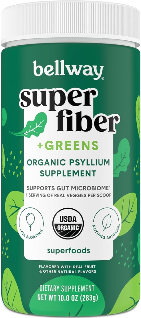 Bellway Super Fiber + Greens Powder, Sugar-Free Psyllium Husk Faserergänzungspulver mit Super Greens (30 Portionen)