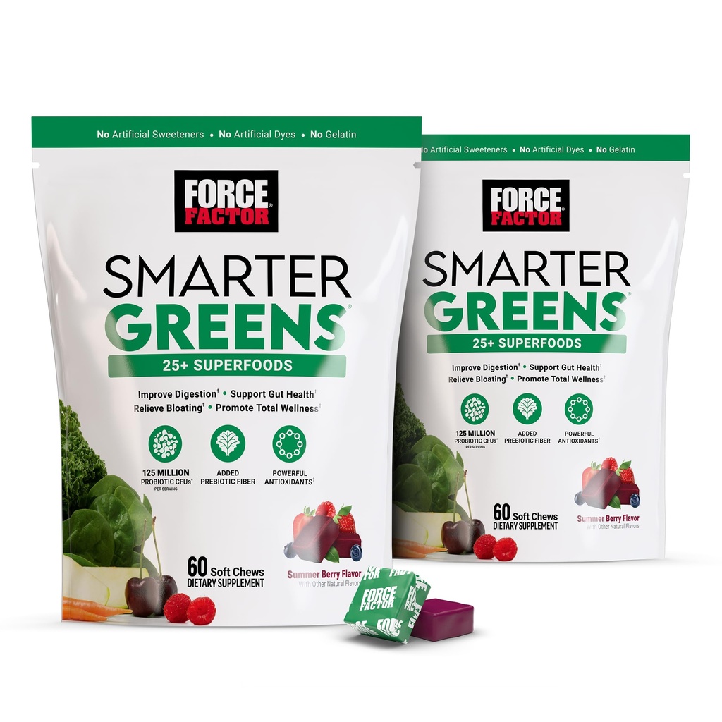 FACTEUR DE FORCE Plus intelligent Greens Superfood Chews, 2-Pack, Greens et Superfoods avec Probiotiques, Antioxydants et Fibre, Supplément Greens pour soutenir la digestion, l'oxyde nitrique et l'énergie, 120 Soft Chews