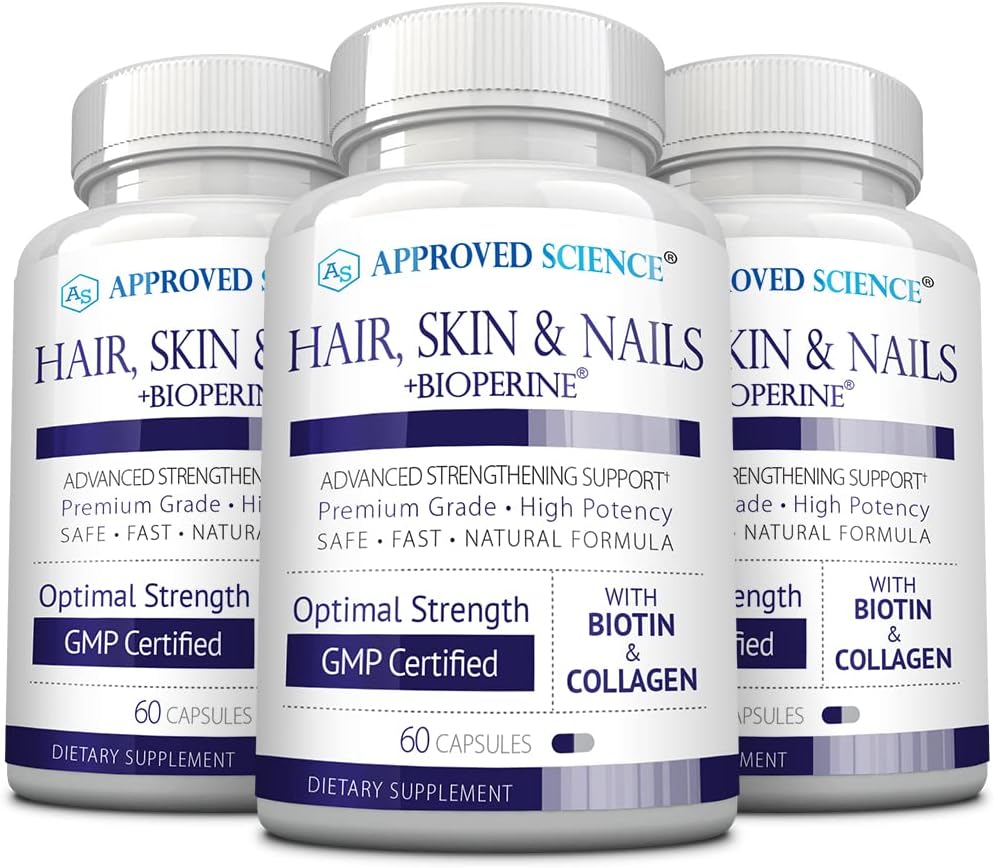 Sciences approuvées Cheveux, peau et ongles - Supplément de soutien - Biotine, Collagène, Complexe Vitamine B, Silice, BioPerine - 180 capsules - Approvisionnement de 3 mois