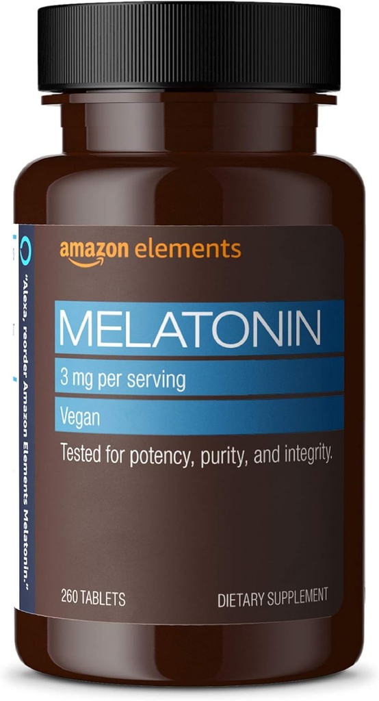 Éléments Melatonine 3mg, Aide avec l'insomnie occasionnelle, Vegan, Non aromatisé, 260 comprimés, 8 mois d'approvisionnement (Emballage peut varier)
