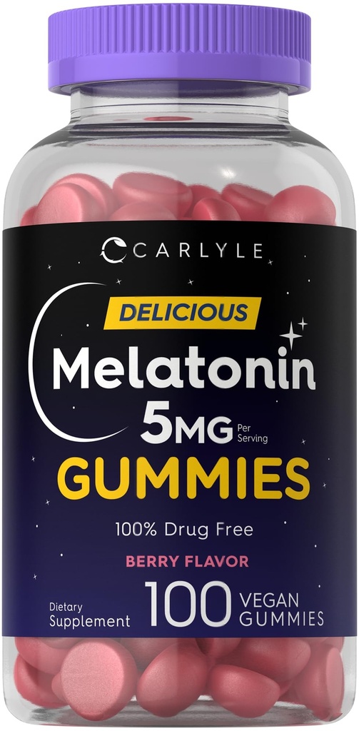Carlyle Melatonin 5mg Gummie | 100 Count | Berry Flavor | 100% Drug Free | Non-GMO, Glutenfreie Ergänzung