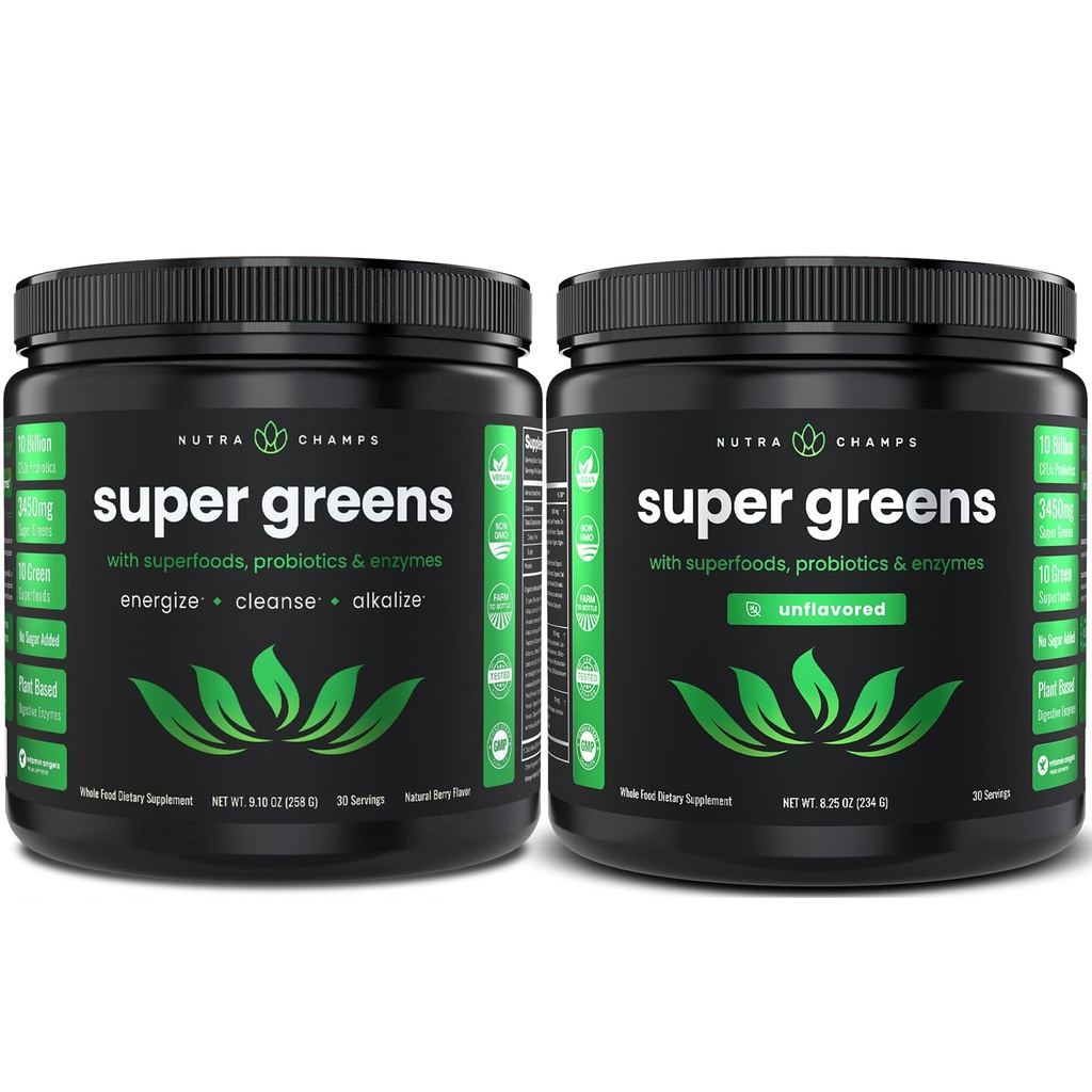 NutraChamps Super Greens Berry & Super Greens Unflavored Bundle - 2 mois d'approvisionnement