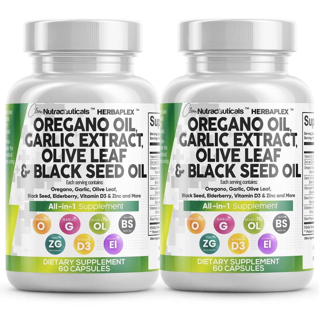 Saubere Nutraceuticals Oregano Öl Knoblauch Extrakt Olivenöl Blatt Schwarz Samenöl - Immununterstützung & Verdauungsergänzung für Frauen und Männer mit Vitamin D3 & Zink - 2Pack