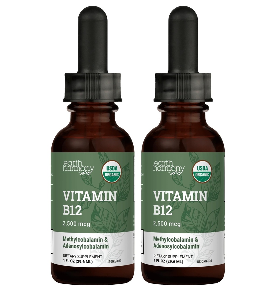 USDA Vitamine biologique B12 2000mcg Supplément liquide sublingual (2-Pack) - gouttes de méthylcobalamine végétalienne pour l'énergie naturelle, maintenir le métabolisme et le système immunitaire - 1 Fl Oz