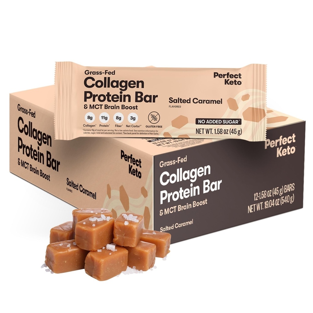 Perfekte Keto Bars - Die saubersten Keto Snacks mit Collagen und MCT. Ohne Zusatz von Zucker, Keto Diät Friendly - 3g Net Carbs, 19g Fat,11g Protein - Diät Food Dessert (Salted Caramel, 12 Bars)