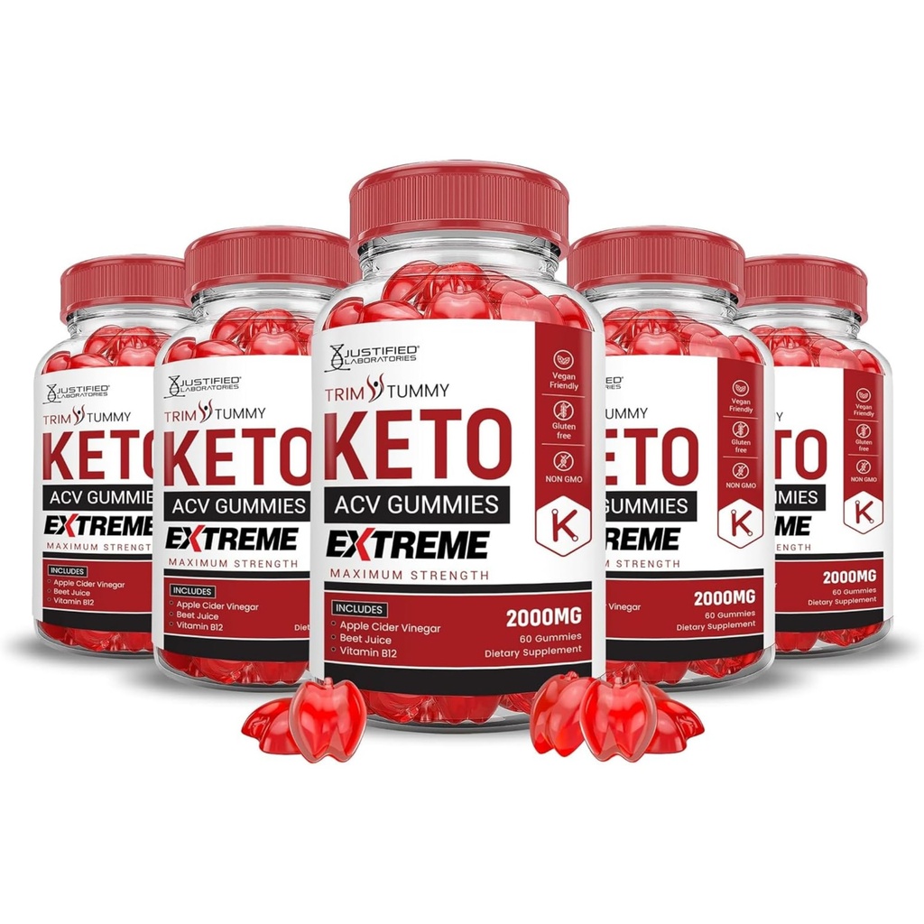 Laboratoires justifiés (5 Pack Tummy Keto ACV Gummies Extreme 2000MG Trim Tummy Keto Gummies vinaigre de cidre de pomme formulé avec du jus de betterave de grenade en poudre B12 Vegan Non OGM 300 Gummys