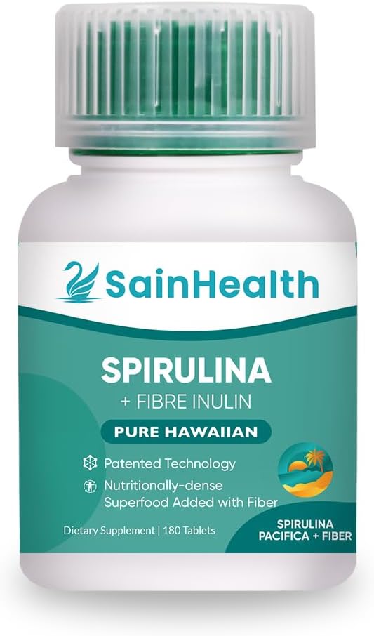 Spirulina + Fibre Inulin - Herbal Supplement, Spirulina Added Fiber Vegan Tablets for Digestive Health, 600mg Spirulina, Vegan & GMO Free (180 Tablets)