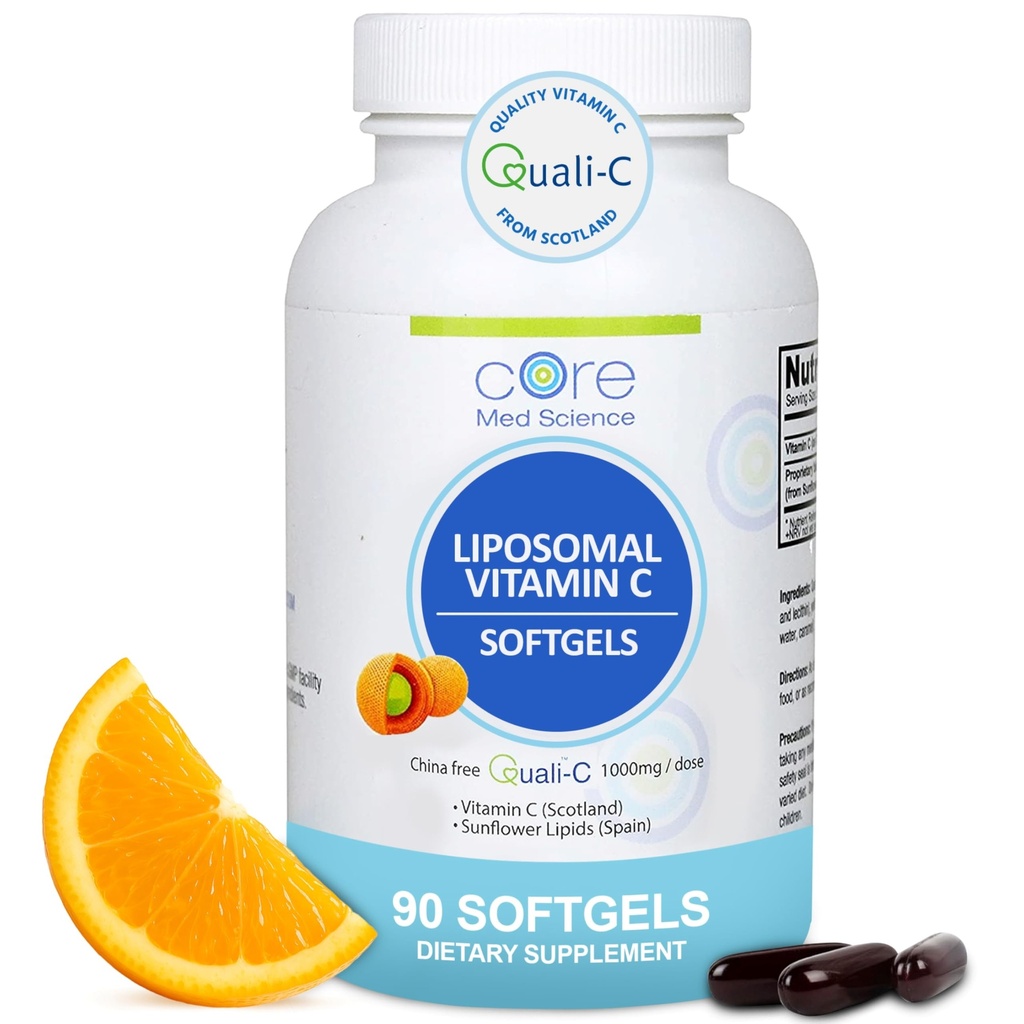 Vitamine Liposomique C 1000mg par Core Med Science, 90 Softgels - Supplément Liposomique naturel non OGM Vitamine C qui favorise la santé de la peau - Système immunitaire booster pour les adultes, soutient la formation de collagène