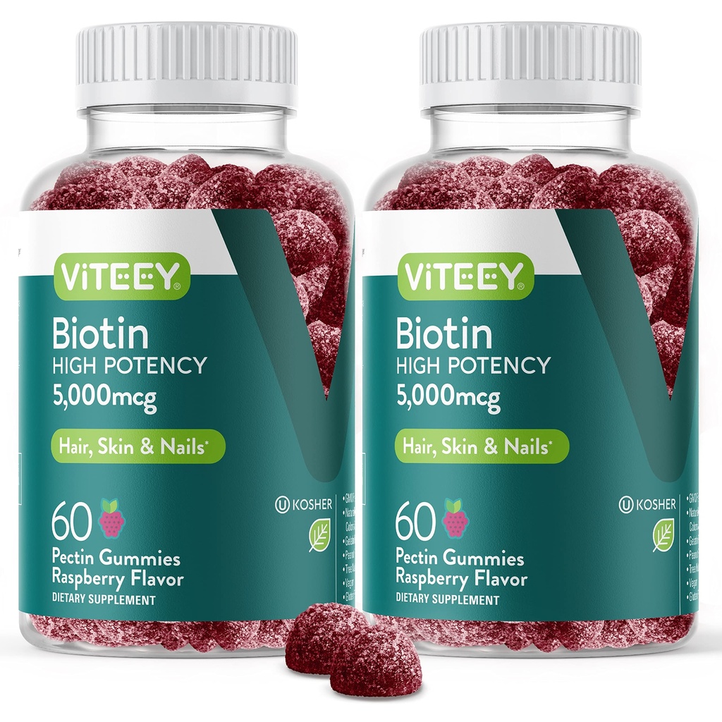 VITEEY Biotin Gummi für Haarhaut und Nägel - Biotin für Haarwachstum Gummi - 5000 mcg - Vegan, Glutenfrei, Non-GMO – 120 Count