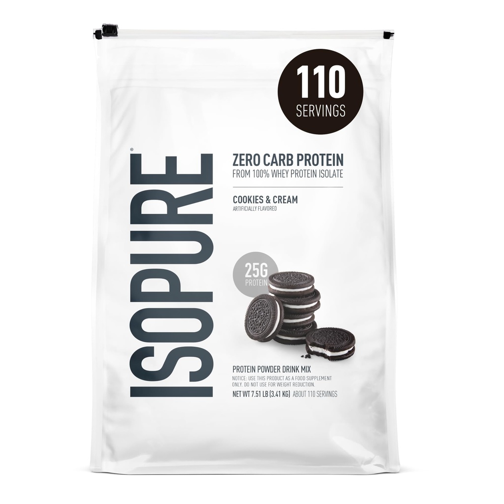 Isopure Zero Carb 100% Pure Whey Isolate Protéines Poudre, Sans lactose, Sans gluten, avec des vitamines, des cookies et de la crème, 25g de protéines par portion, 7,5 Lb, 110 portions (paquetage mai Vary)