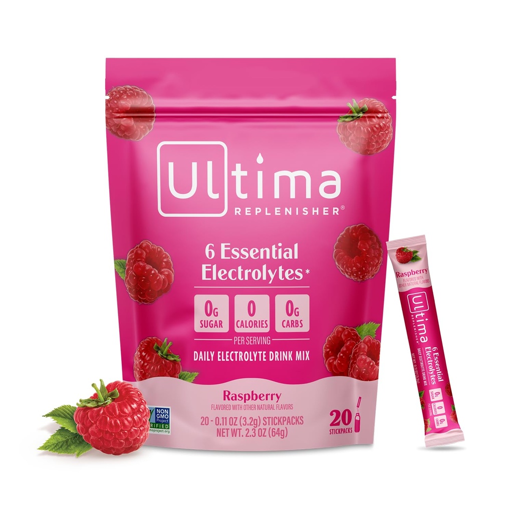 Ultima Replenisher Mélange quotidien de poudre d'électrolyte – Sans sucre – Framboise, 20 Stickpacks – Packs d'hydratation avec 6 électrolytes clés et minéraux traces – Keto Friendly, Vegan, Non-OGM