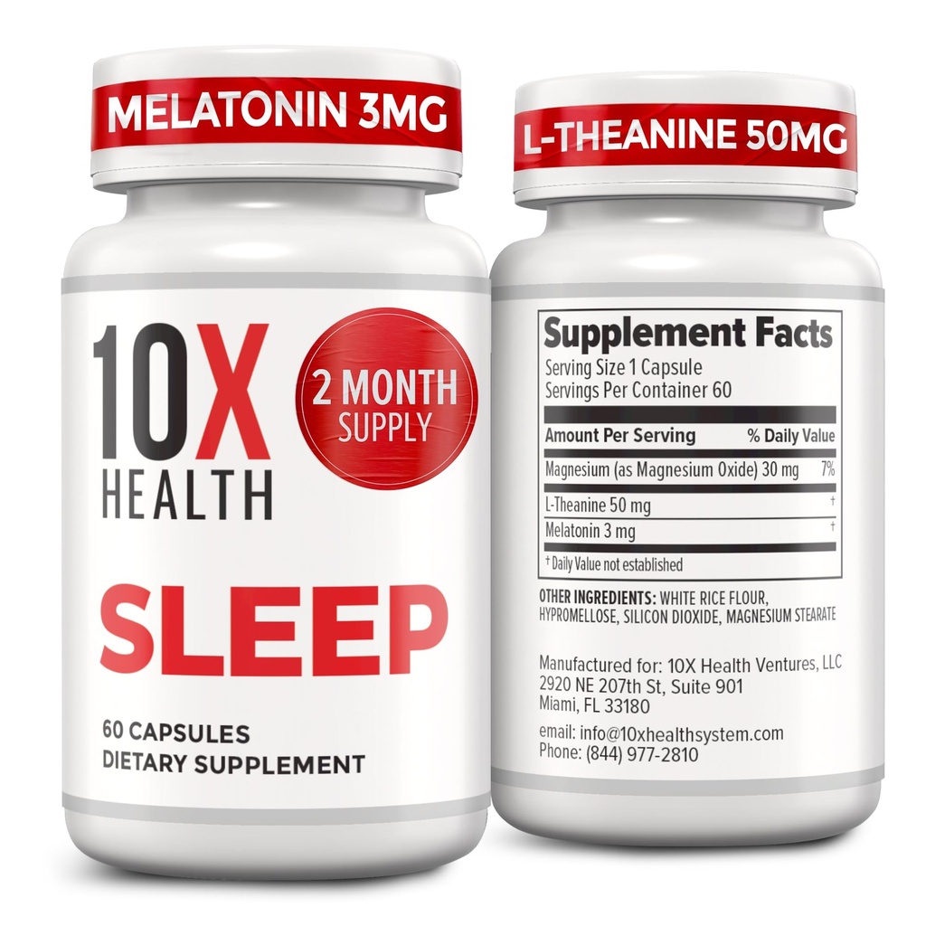 10X Suppléments de sommeil santé pour adultes - 60 Capsules - Melatonine 3mg, L Theanine, Supplément de magnésium, Oxyde de magnésium pour un repos et une relaxation profonds et meilleurs - 3-en-1 Soutien naturel au sommeil
