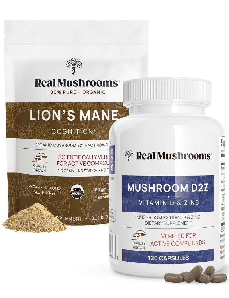 Echte Pilze Vitamin D2, Chelat Zink, Chaga, Reishi (120ct) und Bio Lion's Mane Powder (60 Servierungen) Bundle - Immunität und kognitive Unterstützung, verbesserte Absorption - Vegan, Glutenfrei, Non-GMO