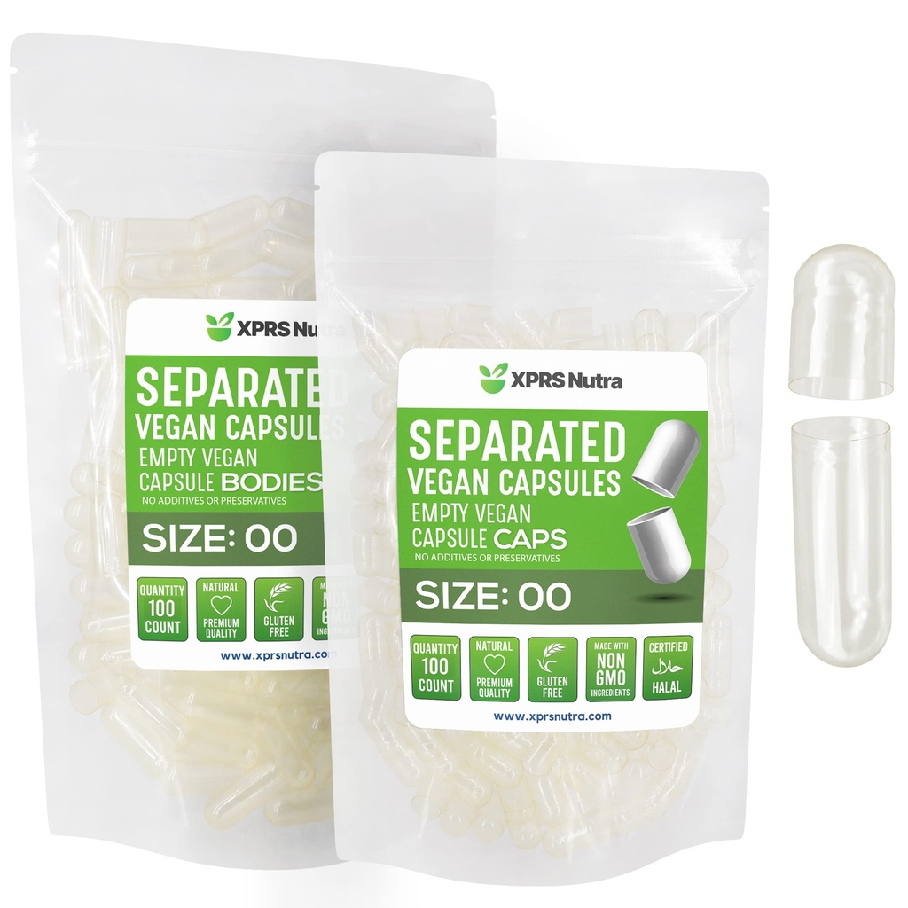 XPRS Nutra Vegan Größe 00 Getrennte Kapseln - 100 Count Clear Premium Leer Kapseln Getrennt in Taschen - 00 Pillen Leer für DIY Ergänzung Füllung