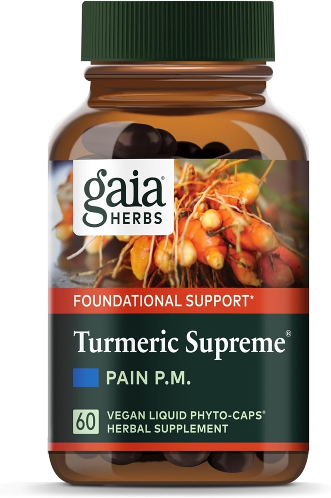 Gaia Herbs Turmeric Supreme Discomfort P.M. - Helps Provide Nighttime Comfort to Support More Restful Sleep - with Tumeric Curcumin, Kava, Valerian, Feverfew - 60 Liquid Phyto-Capsules(30-Day Supply)