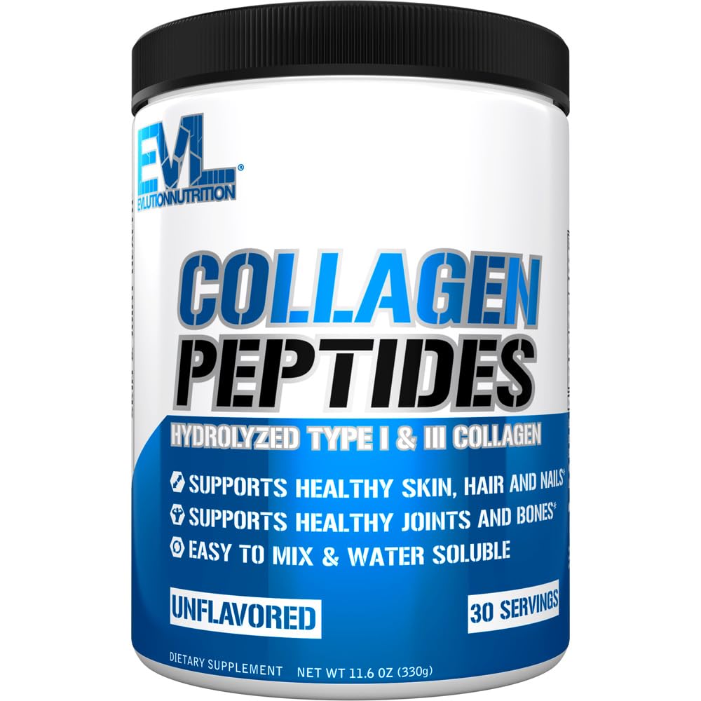 Évlution Nutrition Collagène Peptides Poudre, Collagène hydrolysé Premium pour soutenir la peau, les cheveux, les os, les articulations, les ongles et plus (30 portions)