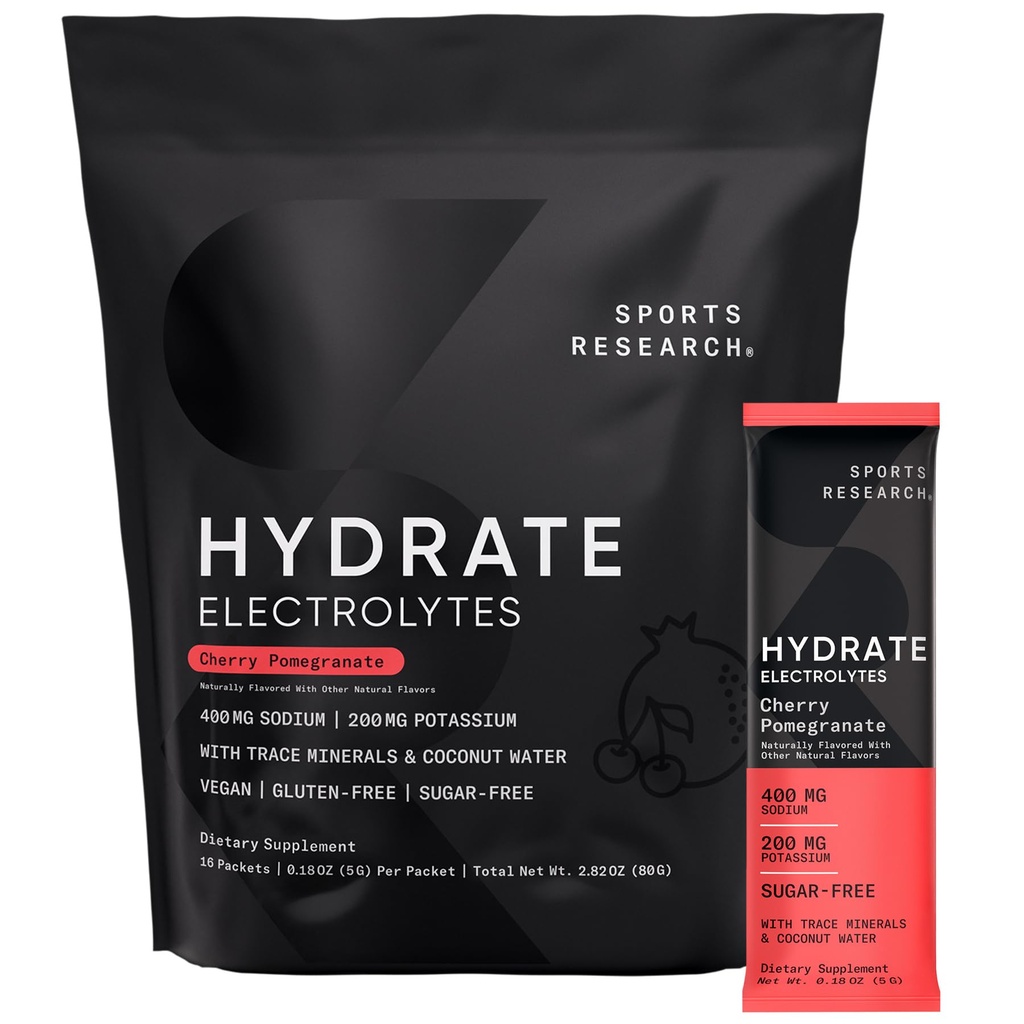 Sportforschung Hydrate Elektrolyte Pulver-Packets - Zuckerfrei & Natürlich mit Vitaminen, Mineralien und Kokosnüssen Wasser - Unterstützt Hydration - 16 Packungen - Kirsch-Granat