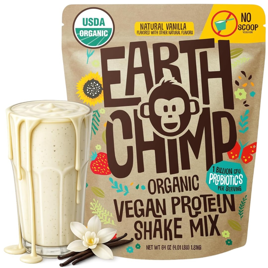 EarthChimp Organic Vegan Protein Powder - mit Probiotics - Non GMO, Dairy Free, Non Whey, Plant Based Protein Powder für Frauen und Männer, Glutenfrei - 52 Servierungen 64 Oz (Vanilla) No Scoop