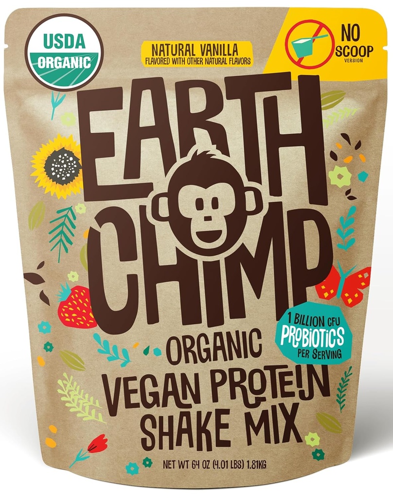 EarthChimp Organic Vegan Protein Powder - with Probiotics - Non GMO, Dairy Free, Non Whey, Plant Based Protein Powder for Women and Men, Gluten Free - 52 Servings 64 Oz (Vanilla) No Scoop