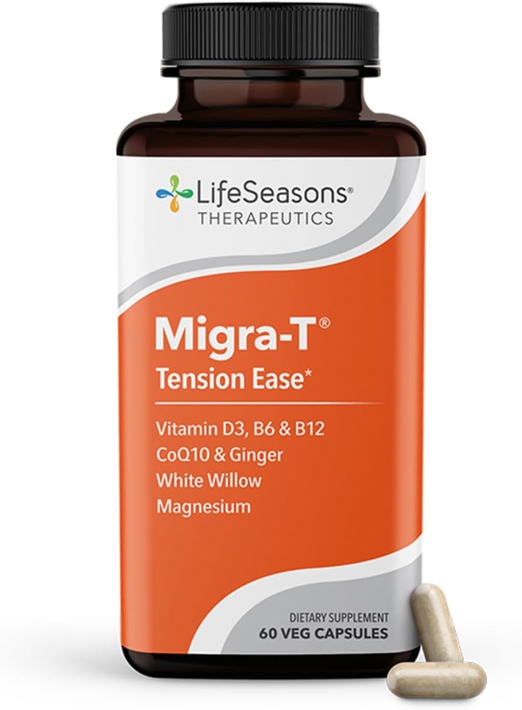 LifeSeasons Migra-T with Relieve-R PM - Supplément de prévention et de soulagement de la migraine - soutient les maux de tête sévères - réduit la sensibilité à la lumière sonore et à l'odeur - Feverfew, White Willow, Magnesium Ginger & CoQ10