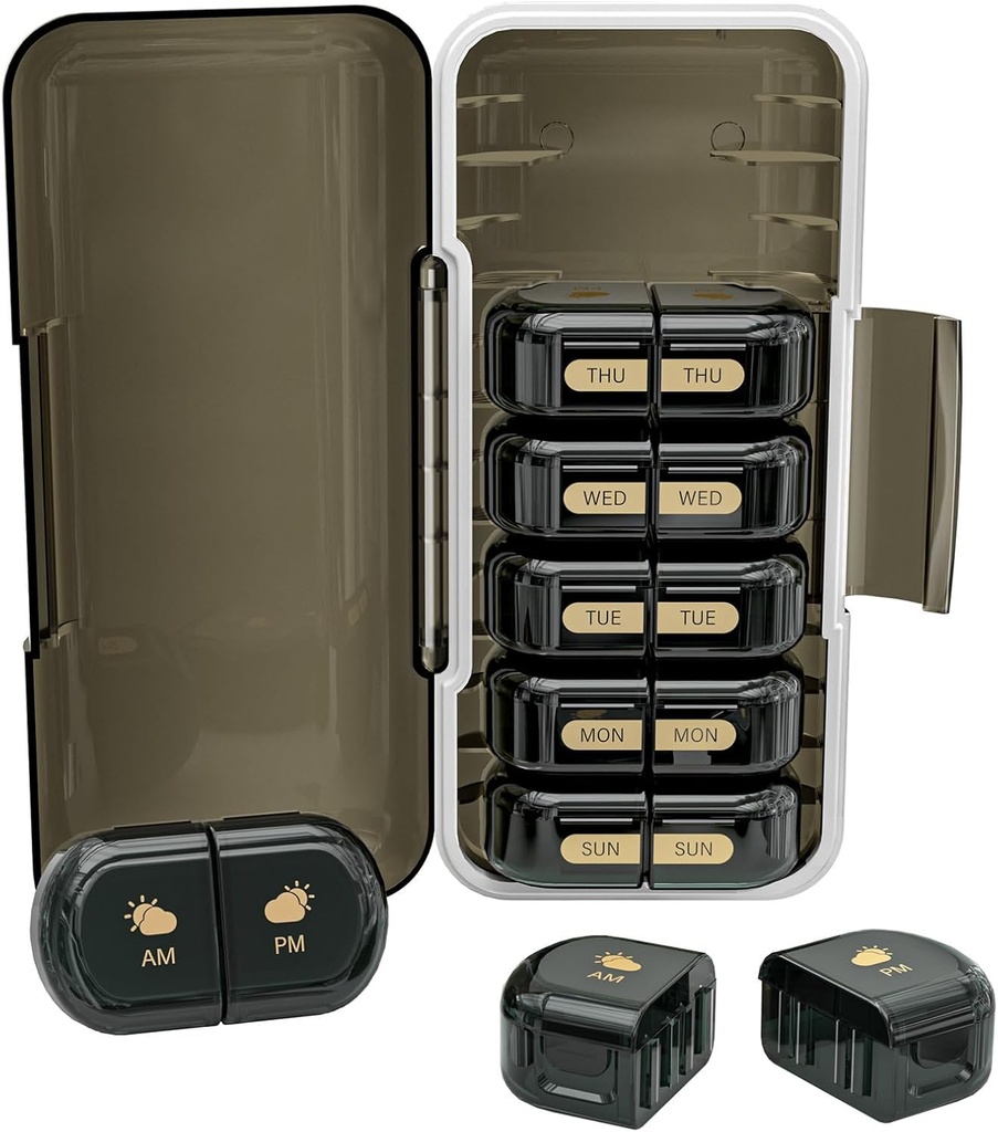 Wöchentliche Pille Organizer 2 Mal pro Tag, Moisture-Proof, Detachable Compartments, AM PM Pill Box 2X 7 Tage, Reise Pille Organizer für Pillen/Fish Oil/Medication/Vitamin/Supplements (Schwarz)