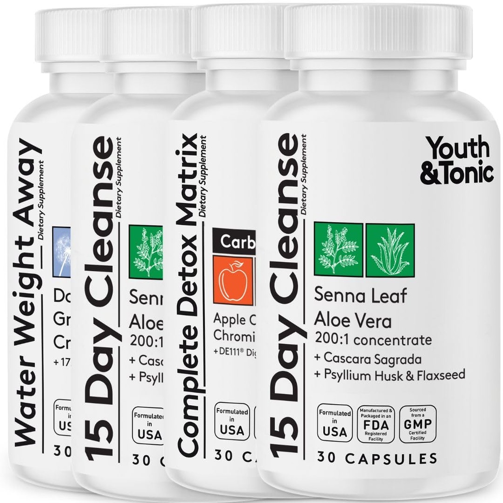 Detox Cleanse Kick Off Weight Management und Extra Colon Cleanser. 4pk für Wasserverluste, Bloating, Flat Stomach, Puffiness w Apple Cider Essig, Senna Leaf, Glucomannan, Chrom, Probiotic 120 Pillen