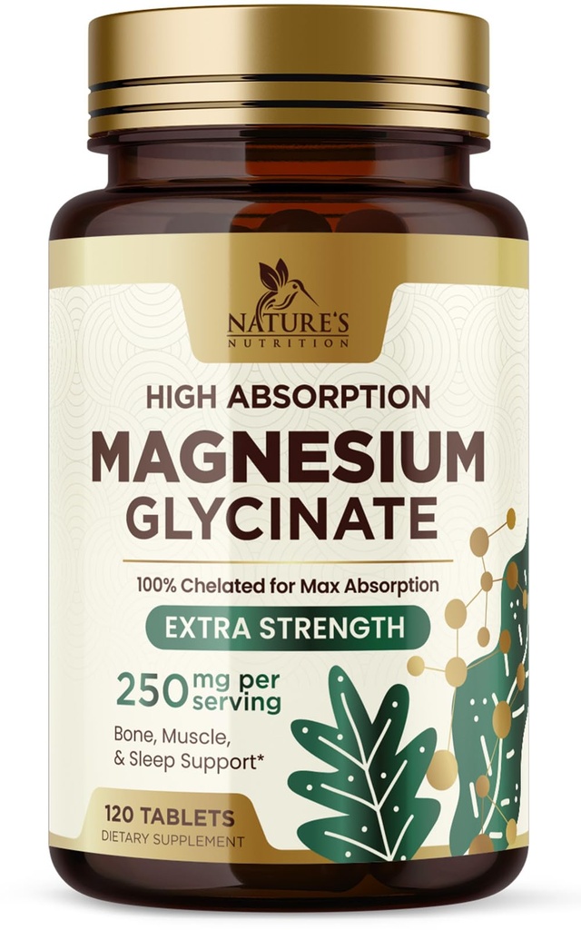 Magnesium (Glycinate) - Magnesiumergänzung für Herzgesundheit, Nerve, Muskel, Knochen und Schlafunterstützung - 100% Chelat & Hohe Absorption - 250 mg pro Servierung - Glutenfrei, Vegan, Non-GMO - 120 Count