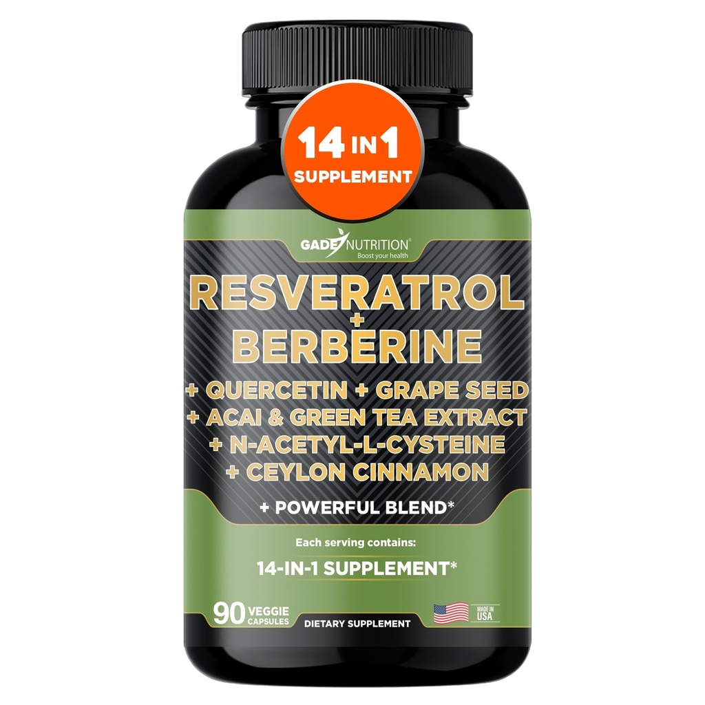Gade Nutrition Resveratrol Berberine Quercetin Graines de raisin Extrait de thé vert N-acétyl Cystéine - Supplément complexe 14 en 1 pour les femmes et les hommes avec des antioxydants puissants - Fabriqué aux États-Unis