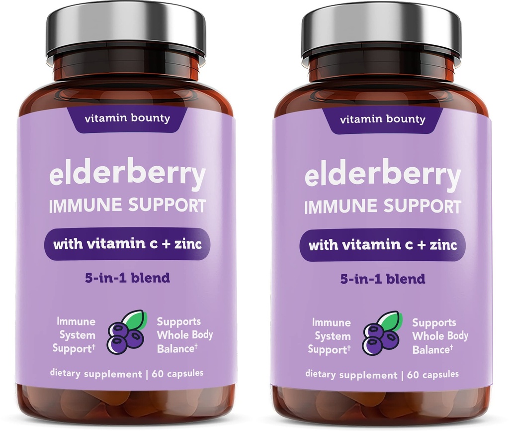 Vitamin Bounty Elderberry Immununterstützung - mit Zink, Vitamin C & Echinacea, Fortgeschrittenes 5-in-1 Blend, Leistungsstarkes Antioxidans, unterstützt Ganzkörper Balance, Non-GMO - 60 Kapseln, 2 Packung