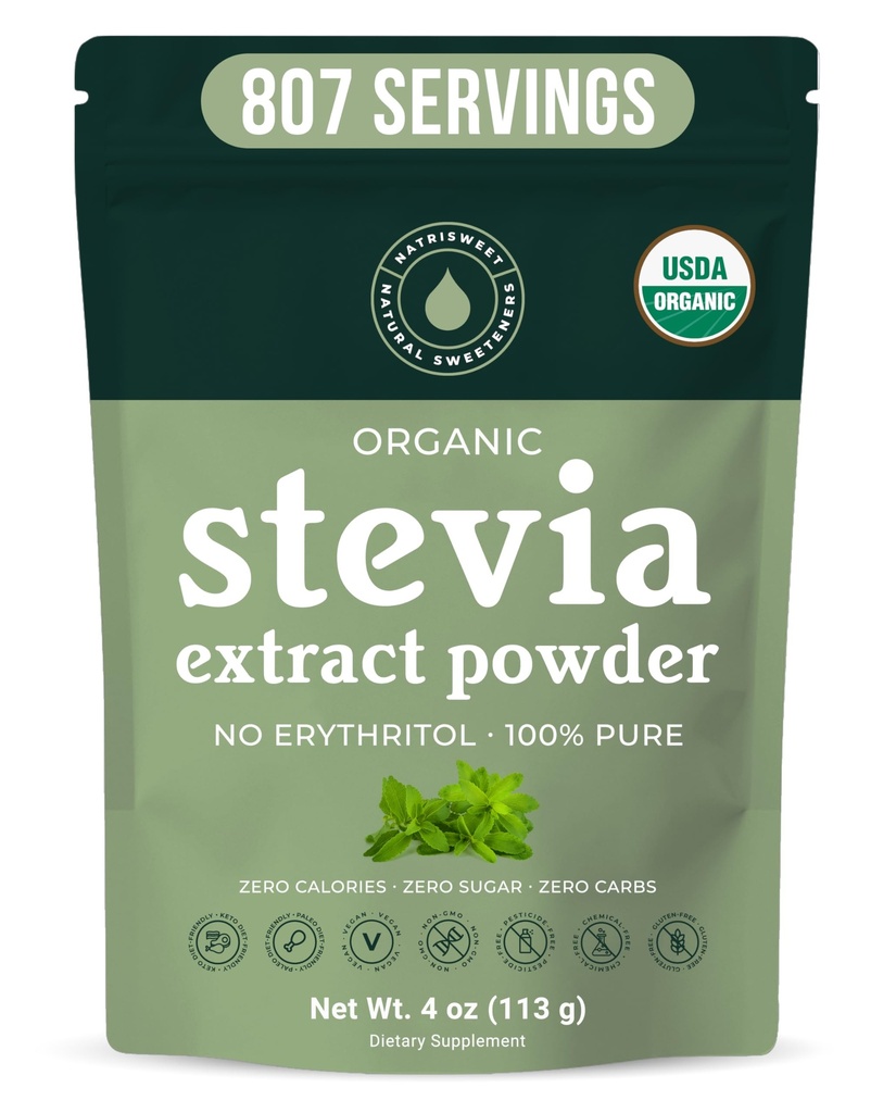 Poudre de Stevia 100% pure biologique, 4 oz, Satisfaits Cravates sucrées, Abaisse les niveaux de sucre dans le sang pour les diabétiques, Adoucisseur d'extrait de Stevia en vrac en poudre pour une meilleure cuisson et boissons, 800+ portions par NatriSweet