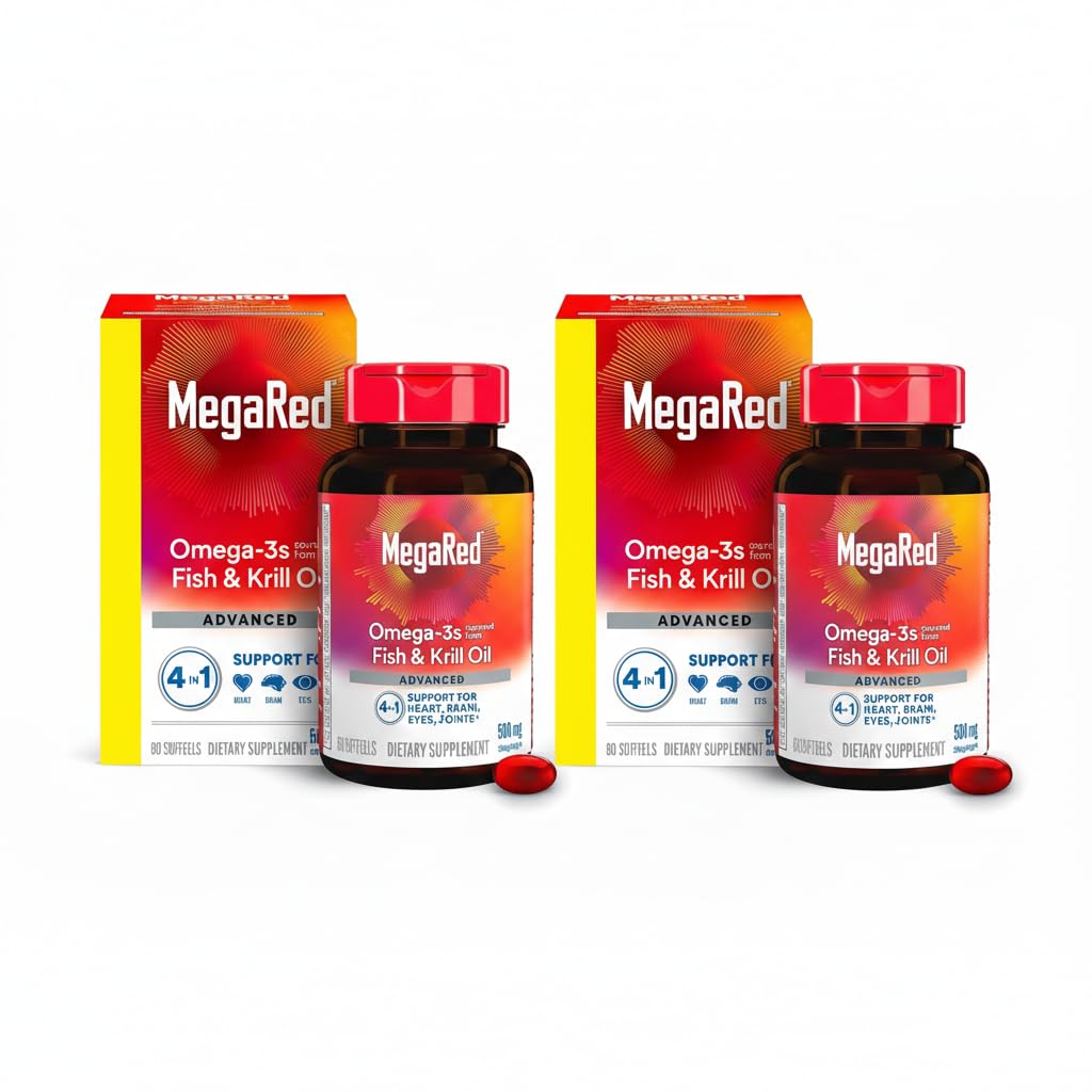 MegaRed Advanced 4-en-1 2X Concentré 500mg Omega-3 Huile de poisson et de krill antarctique avec acide gras, l'EPA/DHA soutient le cœur, le cerveau, les articulations, la santé oculaire 80 Compte Softgels (2 Pack)