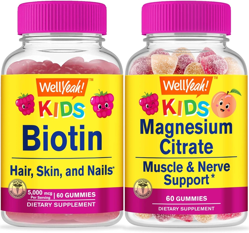 WellJa Biotin Kids + Magnesium Citrate Kids, Gummie Bundle - Große Verkostung, Vitamin-Ergänzung, Glutenfrei, GVOfrei, Kaugummi