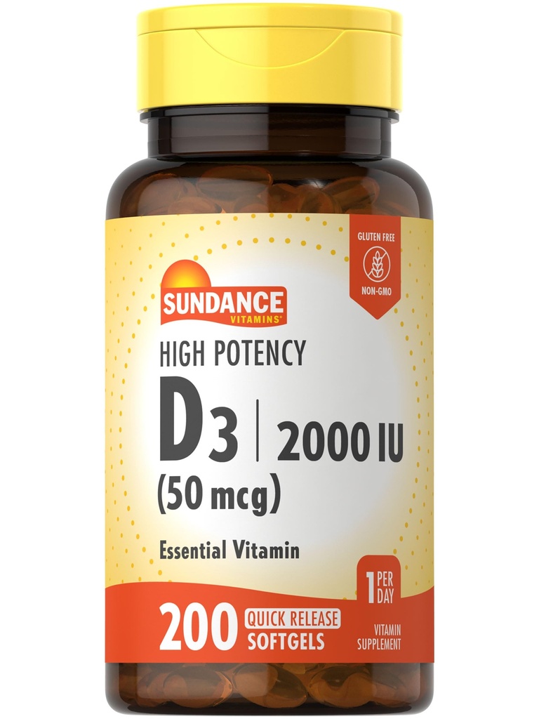 Sundance High Potency D3 2000 UI 200 softgels à libération rapide Formule Vitamine essentielle