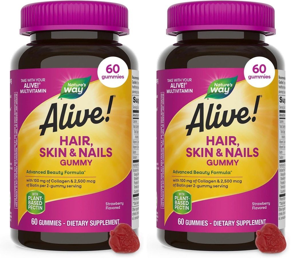 Nature's Way Alive! Haar-, Haut- & Nails-Gummi, Advanced Beauty Formula*, mit Biotin und Collagen, Erdbeer-Flamoured, 60 Gummi (Packaging May Vary) (Pack of 2)