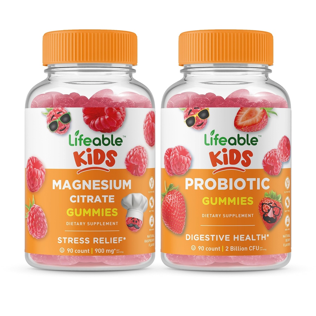 Magnesium Lifeable Kids + Probiotique 2 milliards UFC Enfants, Gummies Bundle - Grande dégustation, supplément de vitamine, sans gluten, sans OGM, gummy à croquer