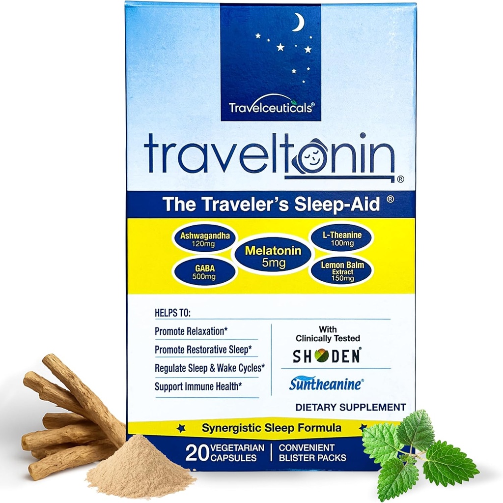Travel Sleep Aid | Get Jet Lag Relief, Restorative Sleep, Immune Support | Flight, Hotel Essential | 5-in-1 Formula w/Melatonin, Ashwagandha, L-Theanine, GABA, Lemon Balm | 20 Capsules | Blister Packs